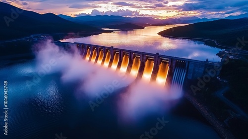 Hydroelectric dam on a river at dusk, the glow of sunset reflecting on the water flowing through the turbines, with light mist and cloudy skies overhead photo