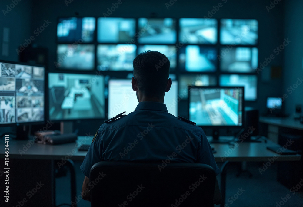 A security officer monitors cameras in a control room, emphasizing vigilance and professionalism.
A security officer monitors cameras in a control room, emphasizing vigilance and professionalism.