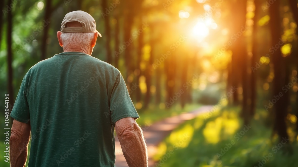 Obraz premium A man casually strolls through a summer forest beneath a golden sunset, shrouded in vibrant light and natural beauty, creating a harmonious and serene setting.