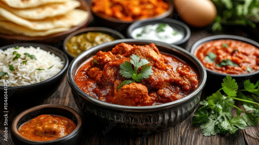A rich and savory chicken curry sits in a bowl at the center, surrounded by a variety of flavorful side dishes, accented by cilantro, delivering a cultural feast. A rich and savory chicken curry sits in a bowl at the center, surrounded by a variety of flavorful side dishes, accented by cilantro, delivering a cultural feast.