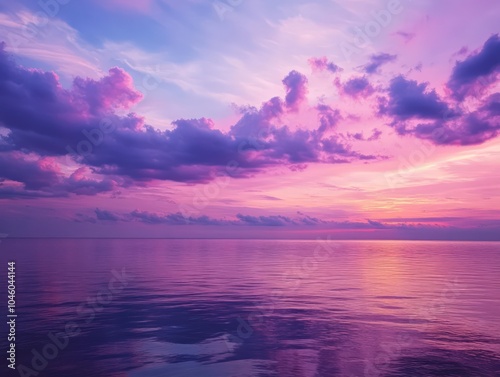 Purple and pink clouds during a serene evening sky over calm waters