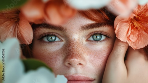 A close-up of a woman framed by pink flowers, highlighting her verdant green eyes and freckles, seamlessly blending natural beauty with the vibrant florals around her. photo