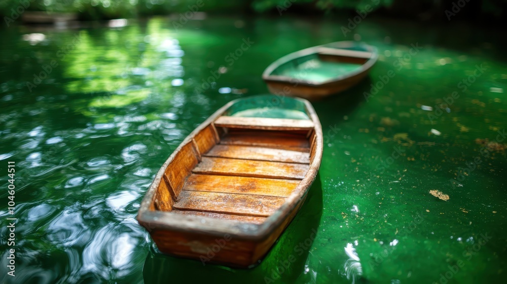 Two small wooden boats gently float on vibrant green water, creating a tranquil and surreal scene with water reflections and a serene natural background. Two small wooden boats gently float on vibrant green water, creating a tranquil and surreal scene with water reflections and a serene natural background.