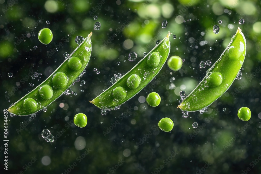 Fresh green peas in water droplets. Perfect for illustrating healthy food concepts, fresh produce, or organic farming. Fresh green peas in water droplets. Perfect for illustrating healthy food concepts, fresh produce, or organic farming.