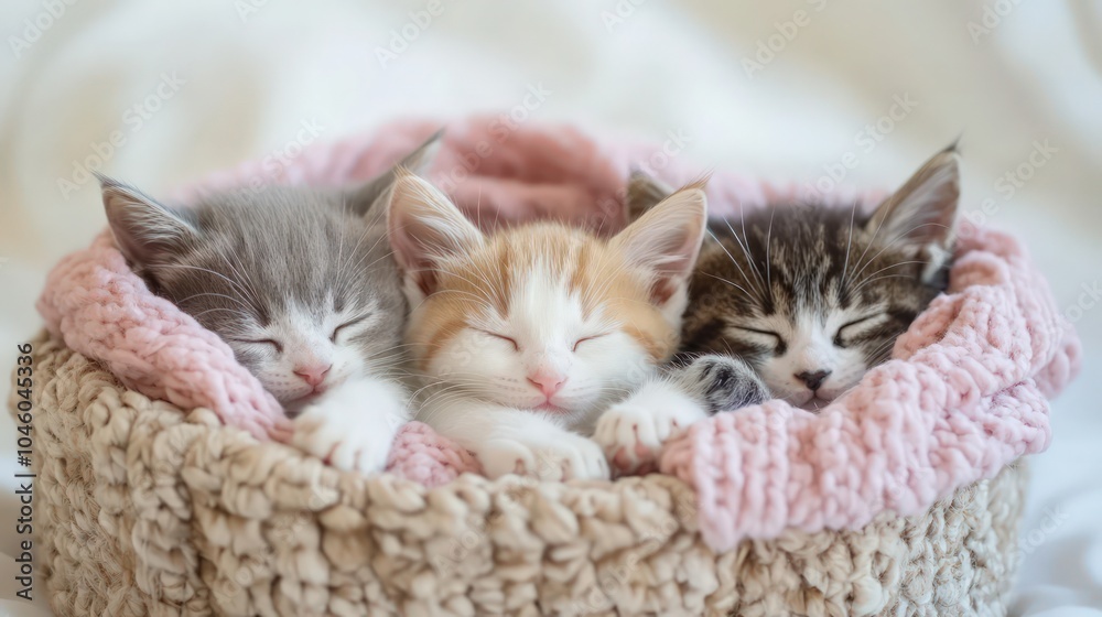 Cute kittens sleeping in a cozy basket with soft pastel colors Cute kittens sleeping in a cozy basket with soft pastel colors