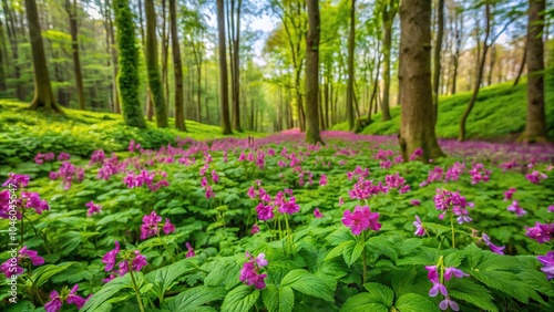 Spring primrose Lathyrus vernus in a forest glade aerial view photo