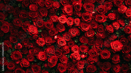 Fototapeta Naklejka Na Ścianę i Meble -  Natural fresh red roses flowers pattern wallpaper top view Red rose flower wall background 