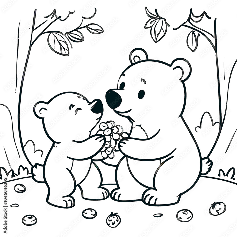 Obraz premium Cute Baby Bear and Parent Sharing Berries - Sweet Forest Family Coloring Page