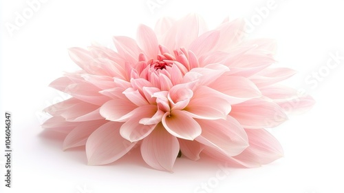 Vibrant pink dahlia in full bloom, perfectly isolated on a pure white background, intricate petal details and soft shadows for a clean design element