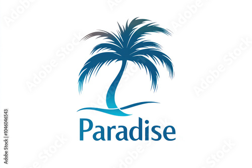 Paradise resort logo against a backdrop of a stunning tropical beach with crystal-clear waters and lush palm trees under a clear blue sky on a sunny day. photo