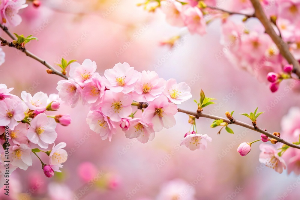 Spring vibes with pink bloom flowers on tiny tree branches against sky background Spring vibes with pink bloom flowers on tiny tree branches against sky background