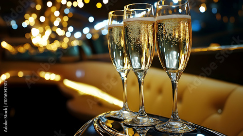 Illustration of Champagne Glasses Inside a Limousine, with Space for Text-