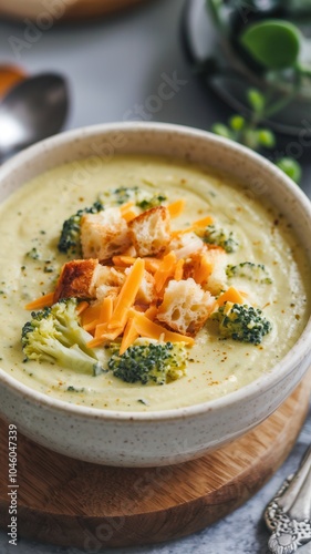 Creamy Broccoli Cheddar Soup in Bowl on Wooden Cutting Board