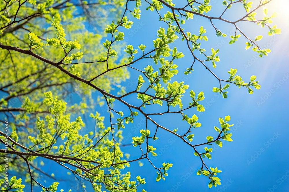 Fototapeta premium Spring tree branches with small green leaves against a blue sky silhouette