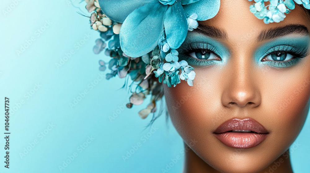 Beautiful young hispanic latina woman with flowers and petals on her face. Beauty parlor horizontal banner concept, copyspace Blue background.