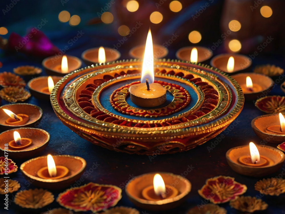 Decorative Diwali Candles with Glowing Flame—Indian Festivities, Festival of Lights, Traditional Religious Decor, Cultural Celebration, Spiritual Lighting, Holiday Art Decorative Diwali Candles with Glowing Flame—Indian Festivities, Festival of Lights, Traditional Religious Decor, Cultural Celebration, Spiritual Lighting, Holiday Art