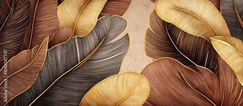 Art-inspired tropical leaves in brown and yellow with golden line details photo