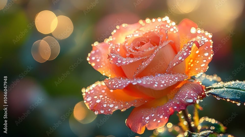 Macro photography of a pink rose, with each petal decorated with tiny, sparkling dew drops under a gentle glow Macro photography of a pink rose, with each petal decorated with tiny, sparkling dew drops under a gentle glow