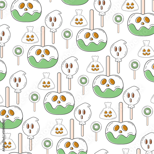 Caramel apple and ghost popsicle Halloween candy pattern Vector