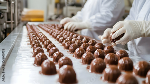 Illustration of Factory Workers Carefully Arranging Chocolates on a Production Line with Precision-