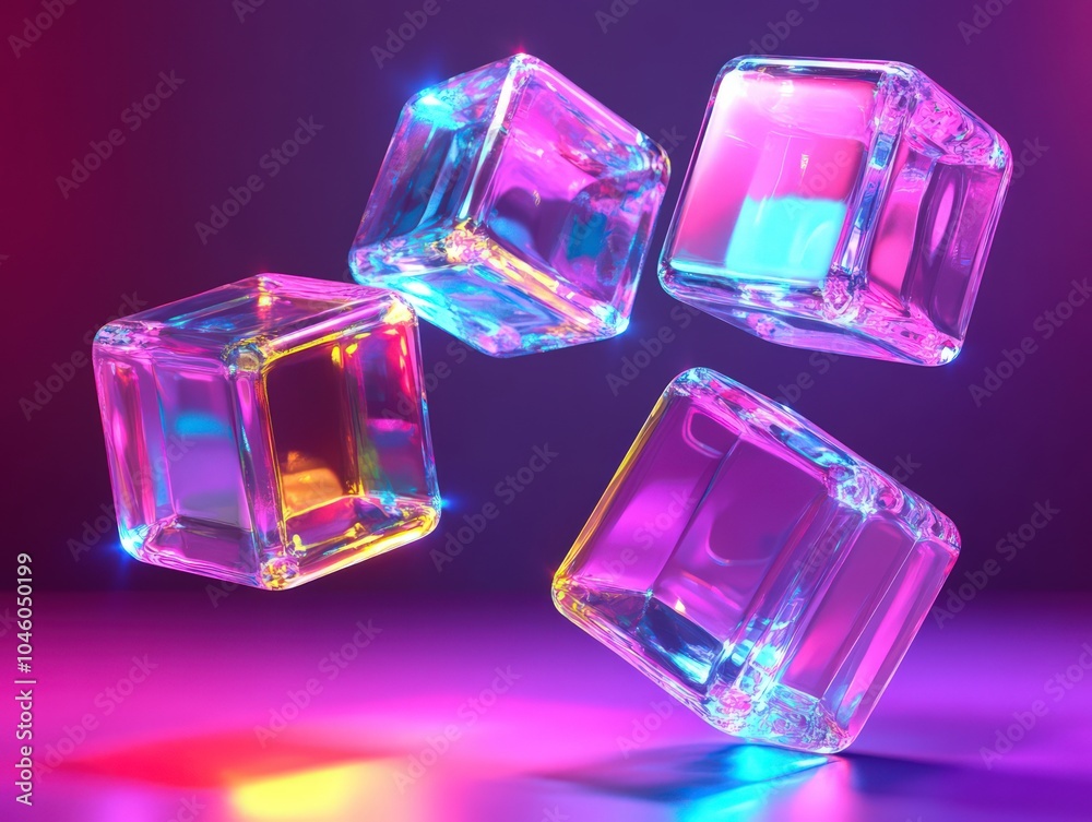 Floating 3D cubes with transparent surfaces and colorful light reflections Floating 3D cubes with transparent surfaces and colorful light reflections