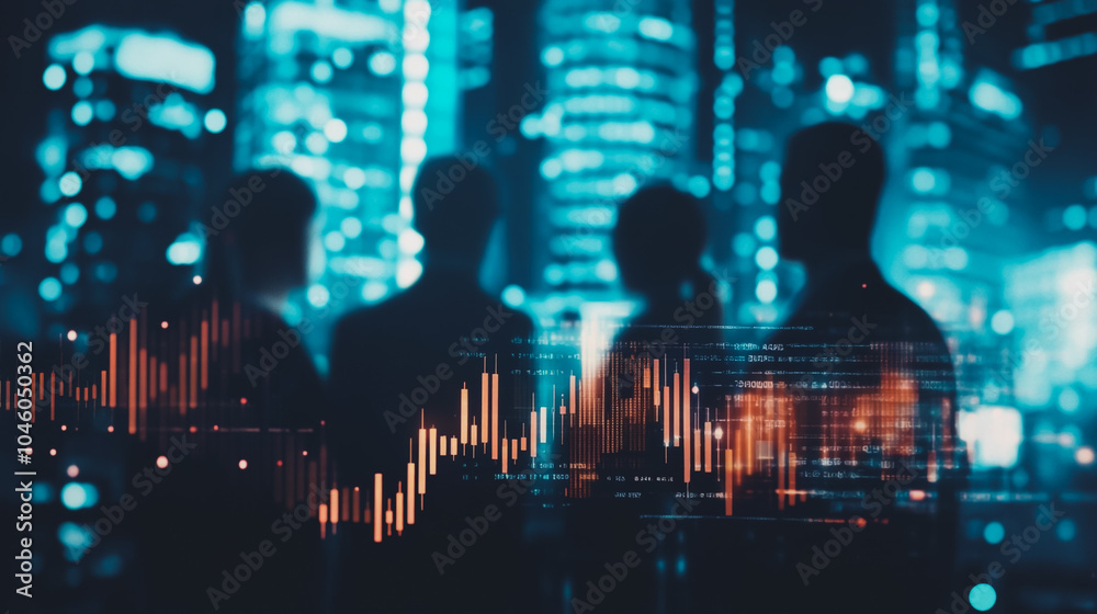Group of business people silhouettes in modern office building and business network concept. Human resources with pastel innovation charts and graphs with statistics to analyze business Group of business people silhouettes in modern office building and business network concept. Human resources with pastel innovation charts and graphs with statistics to analyze business