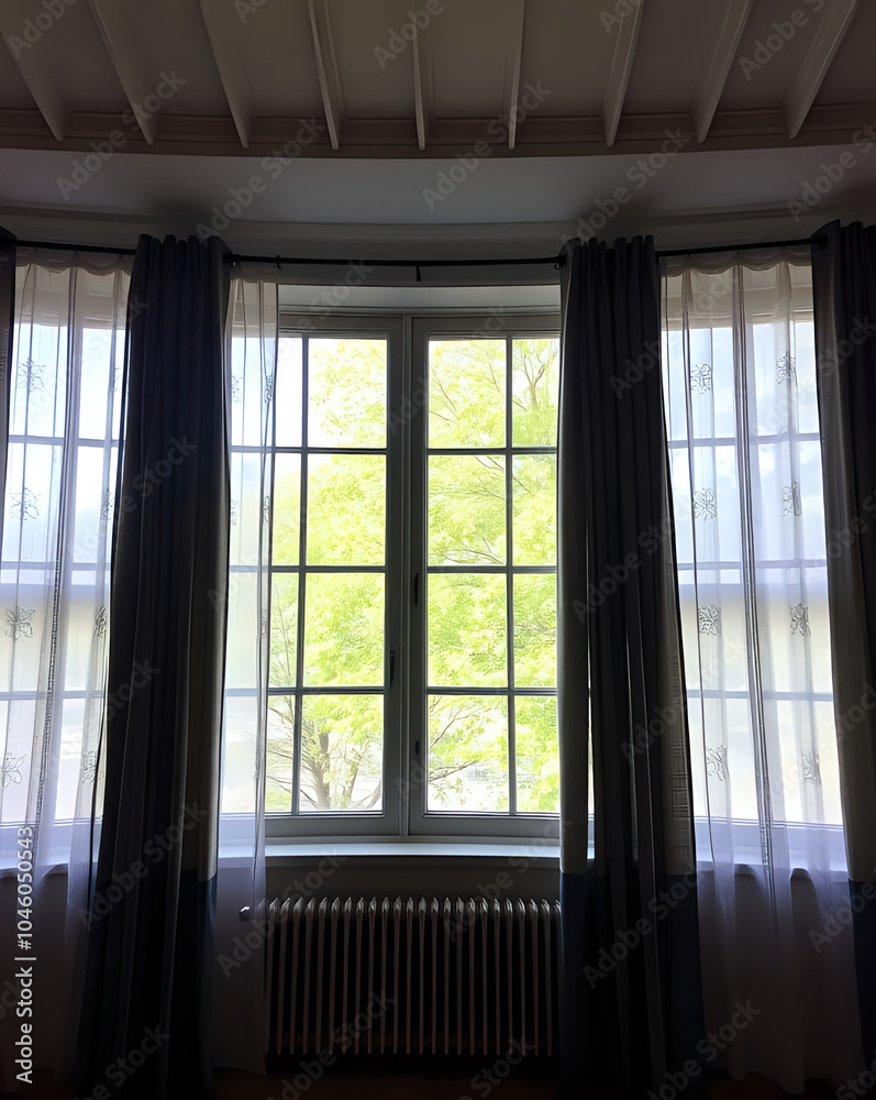 Window with curtains and blue sky in the background. Interior design. Window with curtains and blue sky in the background. Interior design.