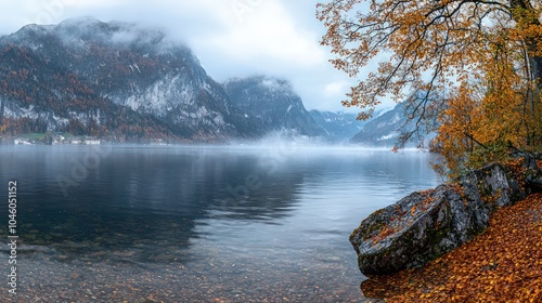 Autumn morning view Hallstatt lake with misty mountains, panoramic scene