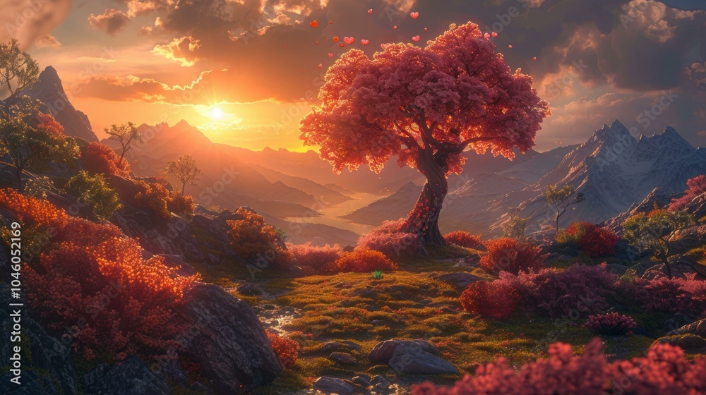 A lone tree with pink flowers stands in a valley with mountains in the background. The sky is orange and yellow from the setting sun. AI. A lone tree with pink flowers stands in a valley with mountains in the background. The sky is orange and yellow from the setting sun. AI.