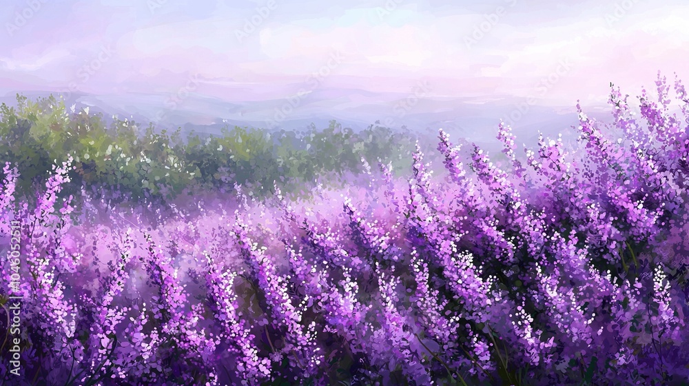 A painting of a field of purple flowers with mountains in the distance is an artwork depicting a field of purple flowers and mountains in the background A painting of a field of purple flowers with mountains in the distance is an artwork depicting a field of purple flowers and mountains in the background