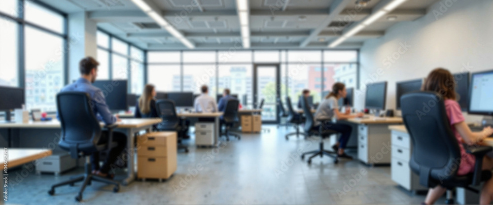 Employees working in modern open plan office space, blurred office background Employees working in modern open plan office space, blurred office background