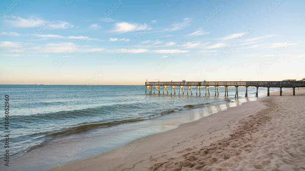 Peaceful Beach Pier with Calm Ocean and Sky Peaceful Beach Pier with Calm Ocean and Sky