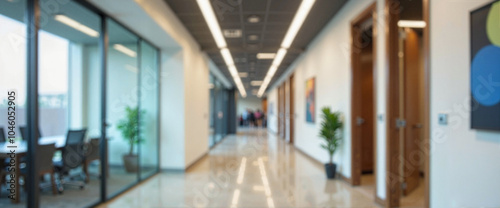 blurred office background, Modern office hallway with glass walls and bright lighting