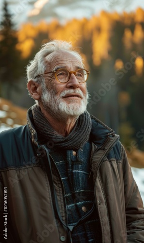 A man in a jacket looks up at the sky with a thoughtful expression. AI.