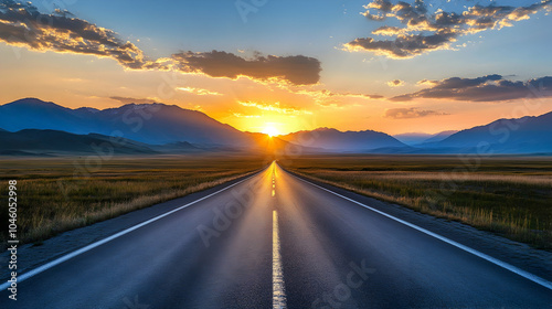 Long, open road leading to the mountains under a bright sunrise. illustrations