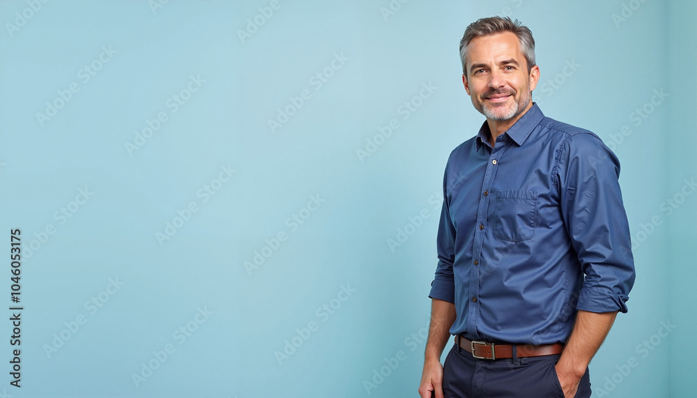 Fototapeta premium Confident mature man smiling against blue background, lonely person on a colored background