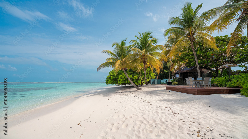 Obraz premium Tropical Paradise Beach with Palm Trees and Deck
