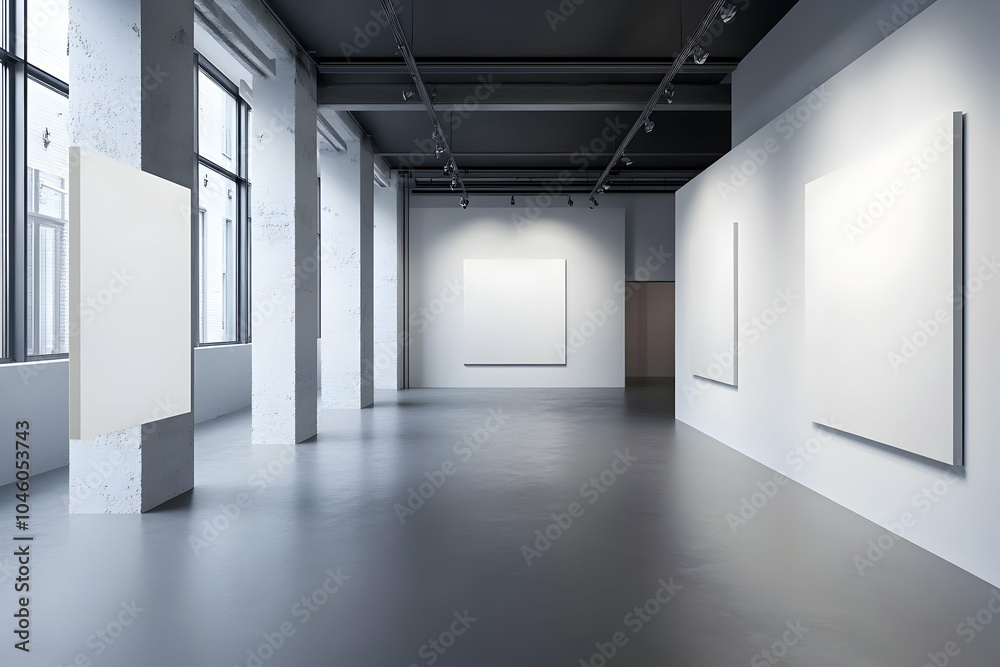 Minimalist gallery showcasing abstract white art on monochrome walls. illustrations Minimalist gallery showcasing abstract white art on monochrome walls. illustrations