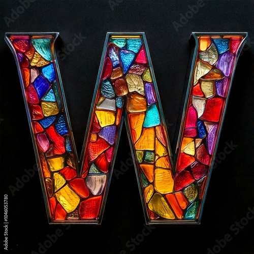 The letter W, imade out of stained glass with a dark background. photo