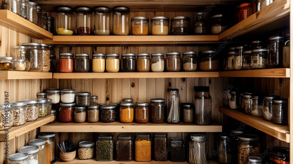 Pantry Storage Room Organized with a Variety of Glass Containers on Shelves Pantry Storage Room Organized with a Variety of Glass Containers on Shelves