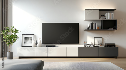 TV cabinet and storage space in a living room with a white wall 