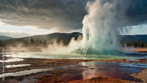 geyser fields, with mystical light piercing through thermal mist