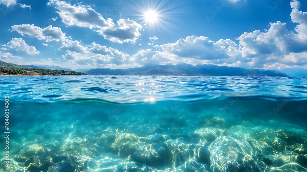 Split underwater view with sunny sky and serene sea Split underwater view with sunny sky and serene sea