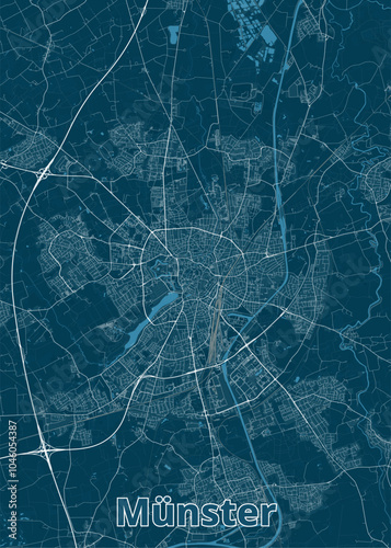 Map of Münster, Germany, rendered in a minimalist style. The map is dominated by a deep blue background, with white lines representing roads, streets, and waterways.