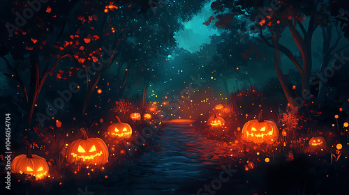 Glowing Pumpkins Illuminate Path in Enchanted Forest