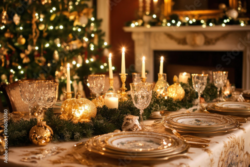 Festive Christmas dinner table with candles and plates set elegantly for a celebratory feast.