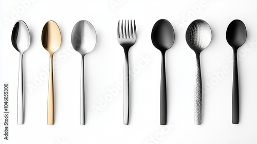 A collection of different stylish silver spoons, isolated on a white background