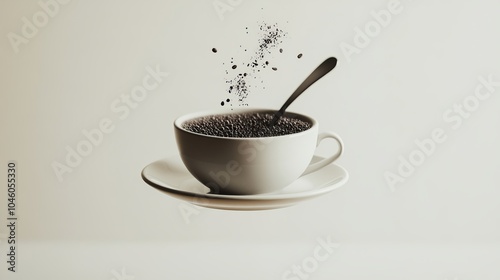 A floating cup of coffee with a saucer and spoon suspended against a white background