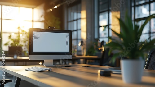 Modern Office Workspace with Computer and Plants