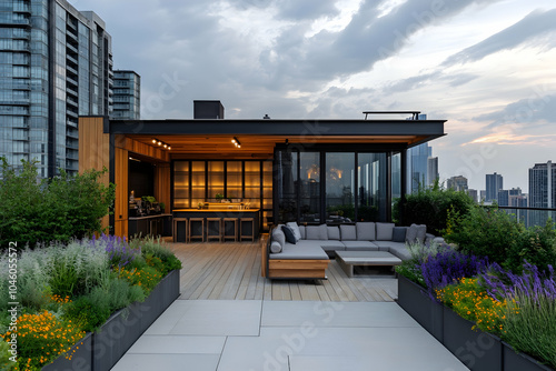 Rooftop lounge with sleek wood accents and a modern design. illustrations photo